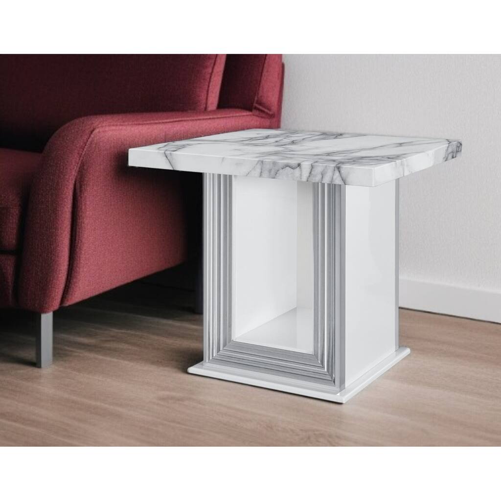 HomeRoots 24" White and Silver Faux Marble and Wood Pedestal End Table - 26' X '24.4' X '26