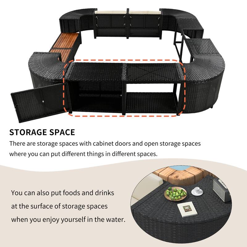 Square Surround Spa Frame All Weather Outdoor Rattan Sectional Sofa Set with Mini Sofa, Wooden Seats and Storage Spaces