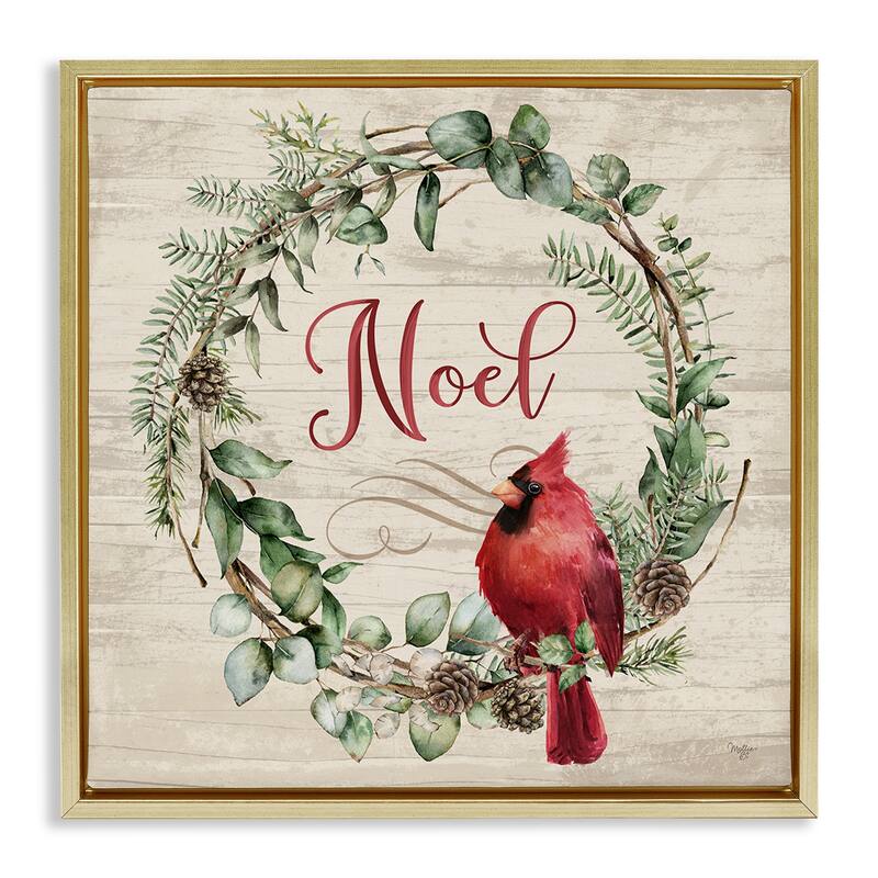 Stupell Noel Wreath with Cardinal Framed Floater Canvas Wall Art Design By Mollie B. - 18 x 18 - Gold
