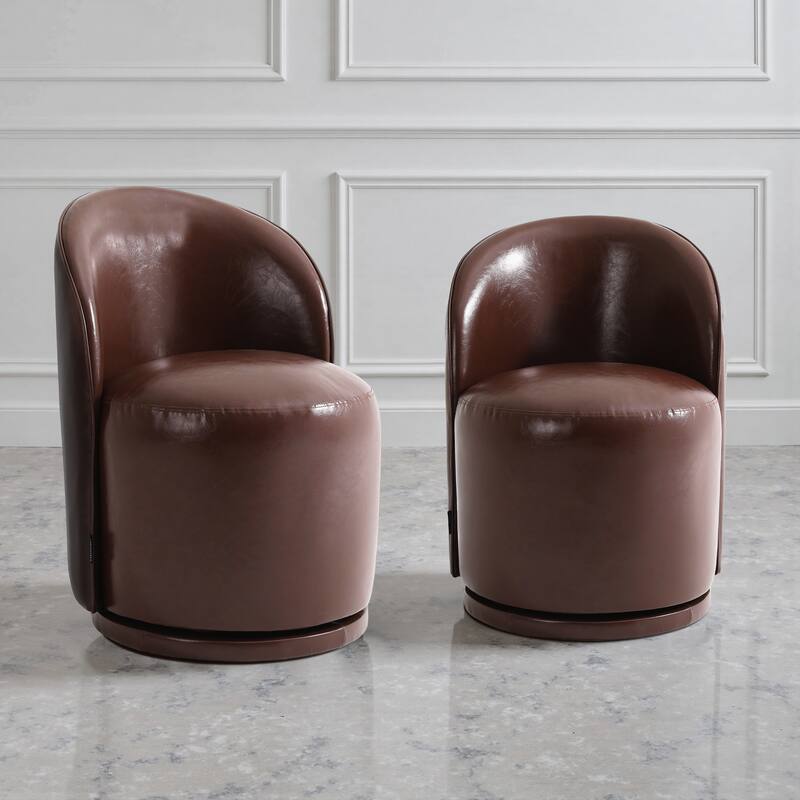 Modern Armless 360-Degree Swivel Dining Chair Barrel Chair - SET OF 2 - RED BROWN LEATHER