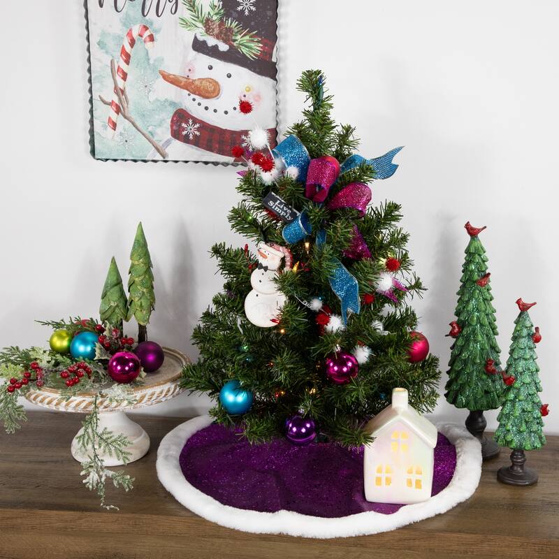 20" Magenta Glittered Mini Christmas Tree Skirt with White Fur Trim - 20