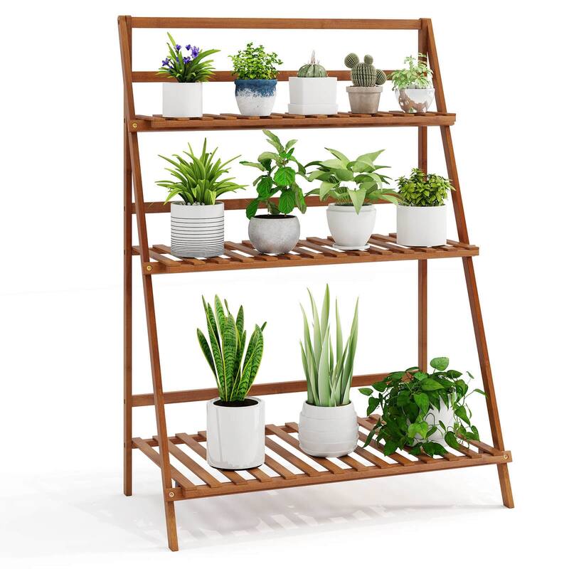 Costway 3 Tier Folding Shelf Stand Bamboo Flower Pot Display Rack - 27.5''x16''x38''(LxWxH) - Brown - 27.5''x16''x38''(LxWxH)