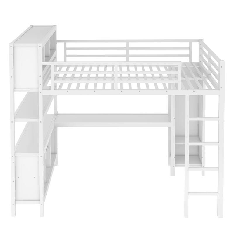 Queen Size Metal Loft Bed with Wardrobe, L-shaped Desk, and Storage Shelves for Kids, Teens, and Adults
