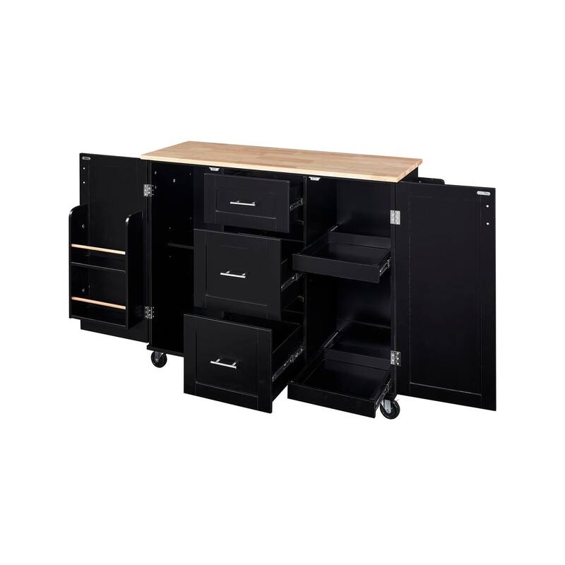 Rubberwood Kitchen Cart with Internal Storage Rack, Spice Rack, 2 Slide-Out Shelf, and 3 Drawer