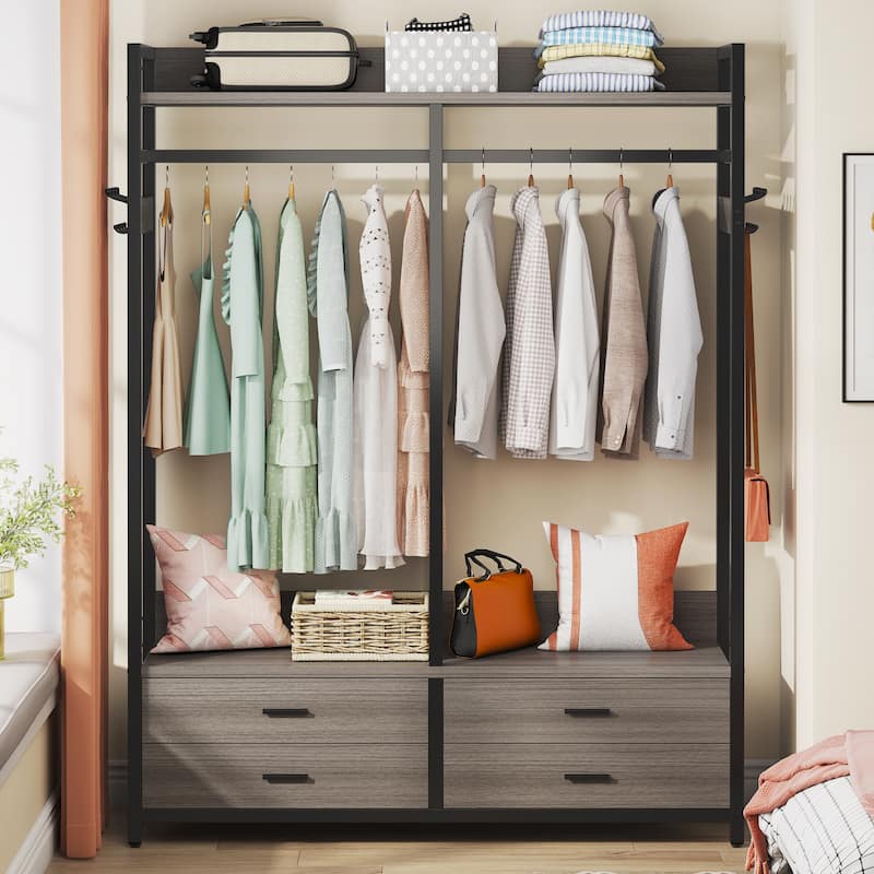 Freestanding Closet Organizer, Clothing Rack with 4 Drawers, 8 Hooks and Storage Shelves - Grey