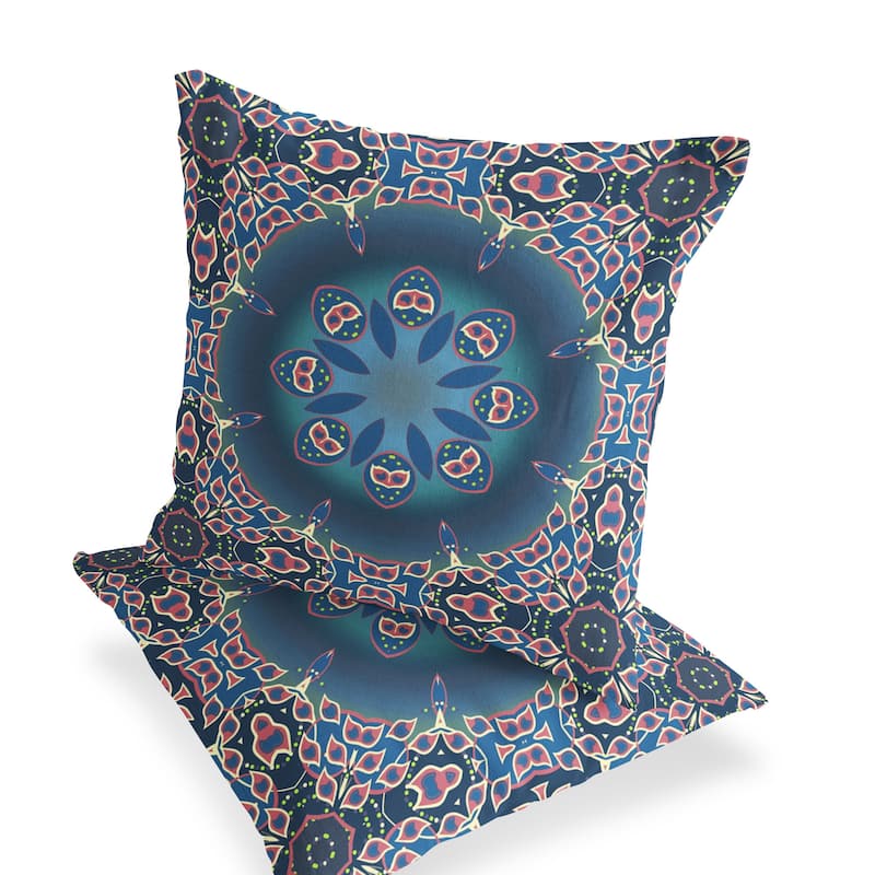 HomeRoots Set of Two 16" X 16" Blue and Pink Blown Seam Floral Indoor Outdoor Throw Pillow - 16.00' X '16.00' X '5.00