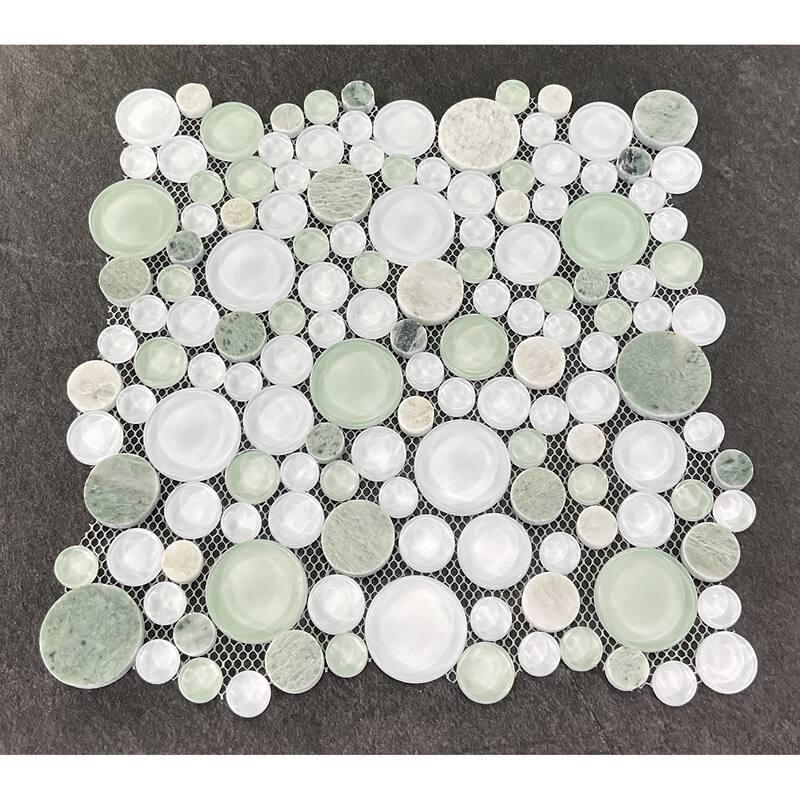 Green & White Pebble Round Glass And Marble Mosaic Tile - Case (10 Sheets)