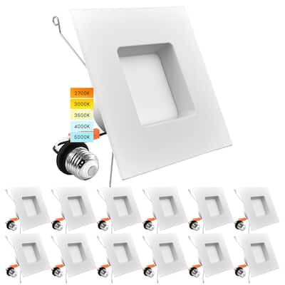 Luxrite 5/6" LED Square Recessed Lighting 5 Color Selectable 2700K, 3000K, 3500K, 4000K, 5000K Dimmable 12 Pack