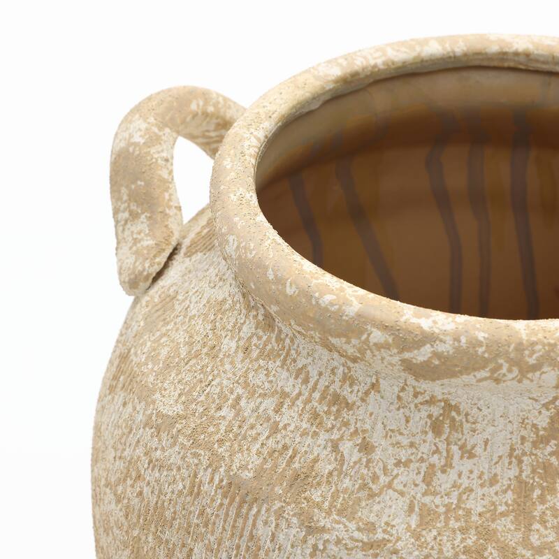 Vintage Pottery Beige & Brown 15.75" Tall Round Ceramic Vase