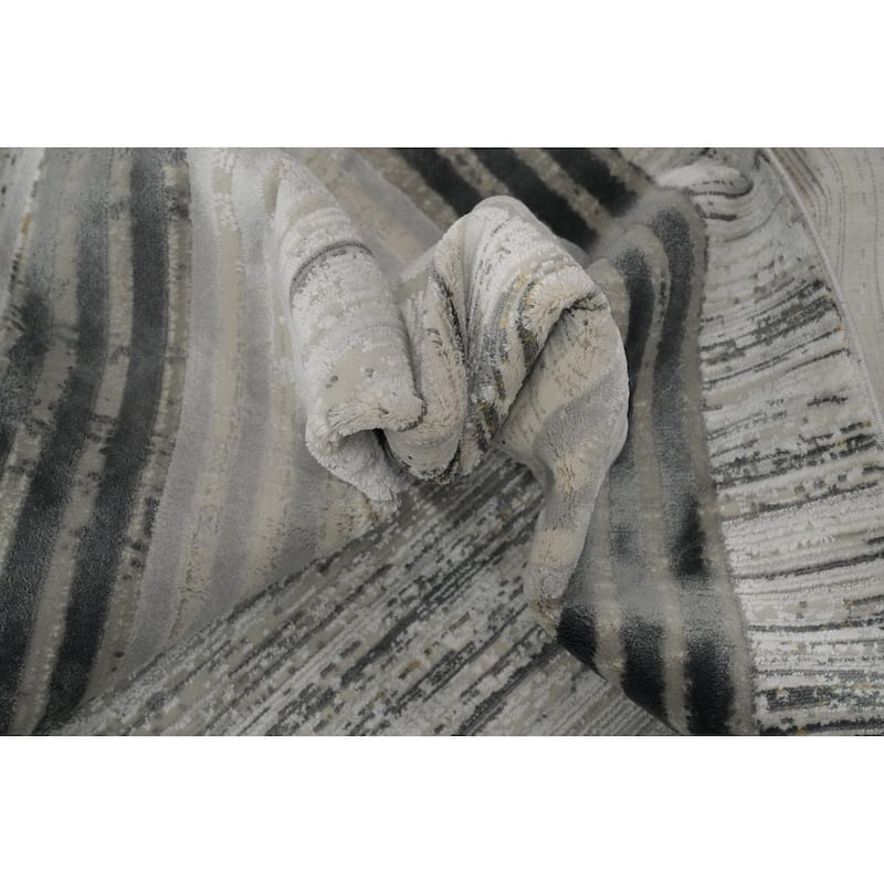Machine Made Oriental Polyester Carpet Geometric Greys & Charcoal Distressed Area Rug - 7' 5'' X 5' 2''