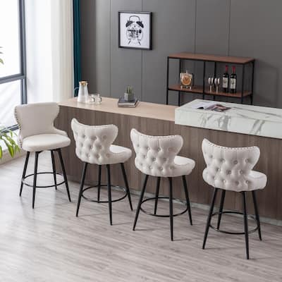 Modern Retro Leathaire Bar Stool 180掳 Swivel Bar Chair for Kitchen Tufted Gold Nailhead Trim and Metal Legs (Set of 2)