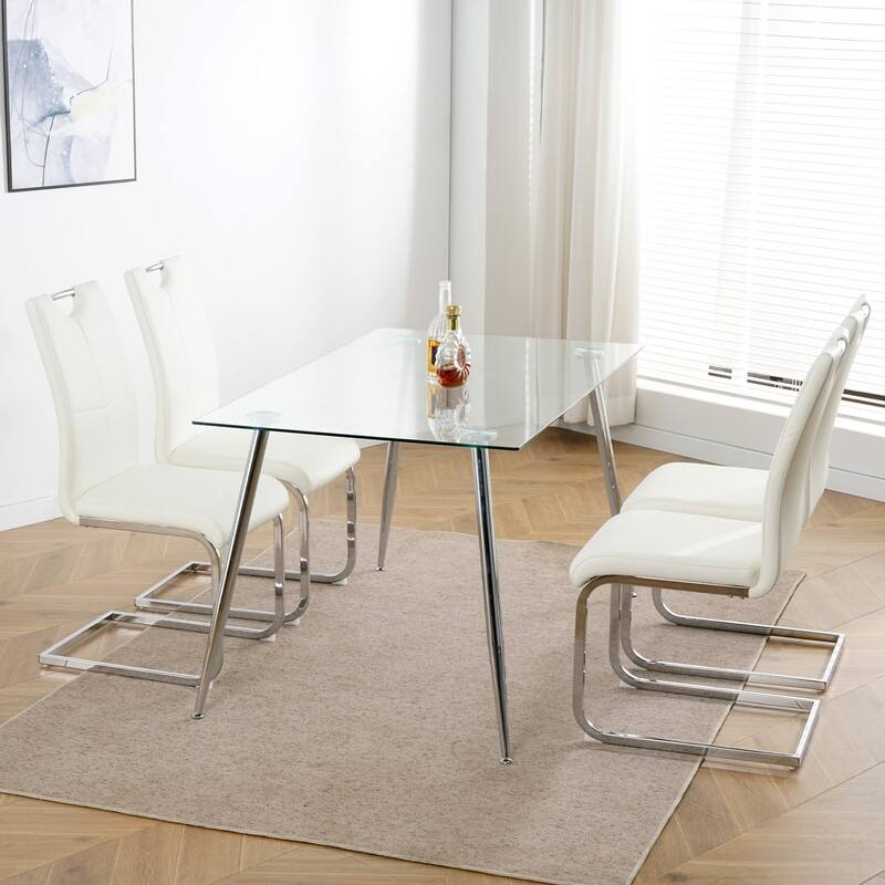 Modern Dining Room Chairs with Faux Leather Padded Seat and Chrome Metal Legs（Set of 4）