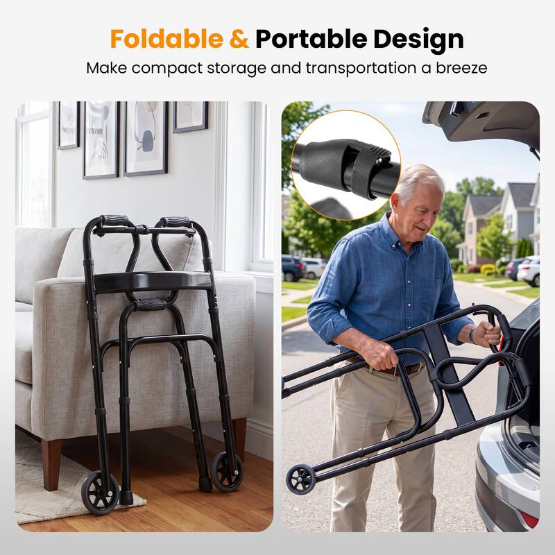 Gymax Heavy-Duty Folding Walker w/Unidirectional Wheels & Armrests
