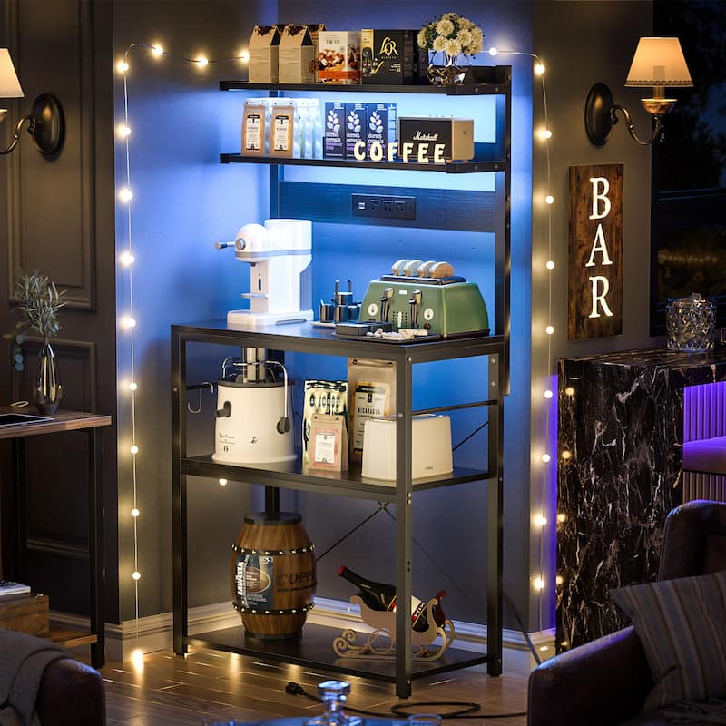 Bakers Rack Kitchen Storage Shelf with Power Outlets and RGB LED Lights,5 Tiers Coffee Bar Station,Microwave Stand - Black