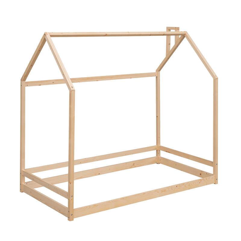 Twin Size House Bed with Roof, Playhouse Design, and Pinewood Frame