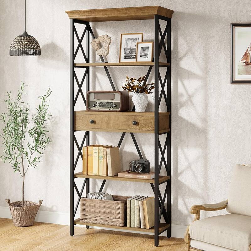 70.9" Wood Bookshelf with Drawers, Open Storage Shelf Bookcase, Living Room Office Bedroom Display Accent Shelf