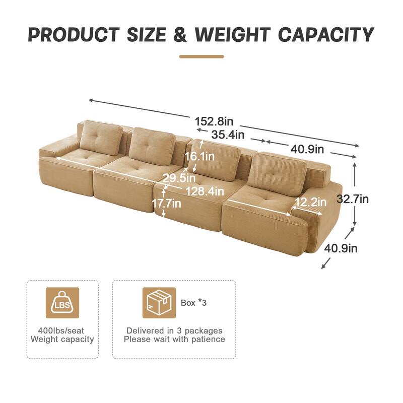 153" Modern Modular Corduroy Sectional Sofa, 4-Seater, Tufted Design