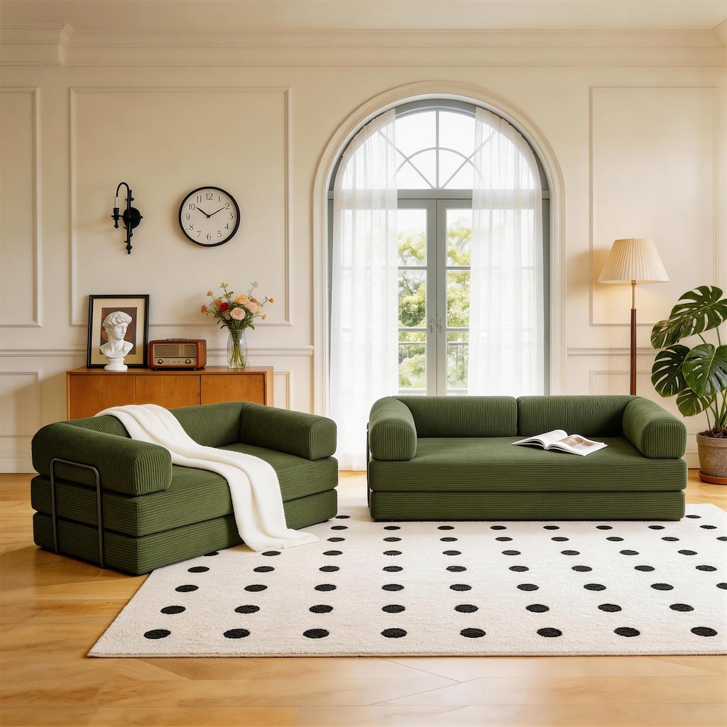 2 Set Oversized Corduroy Convertible Floor Sofa Bed Sleeper Couch