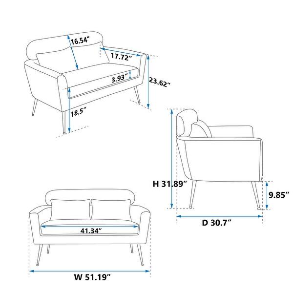 dimension image slide 4 of 3, Loveseat, Lounge Sofa, Double Seat Removable Headrest with 2 Pillows