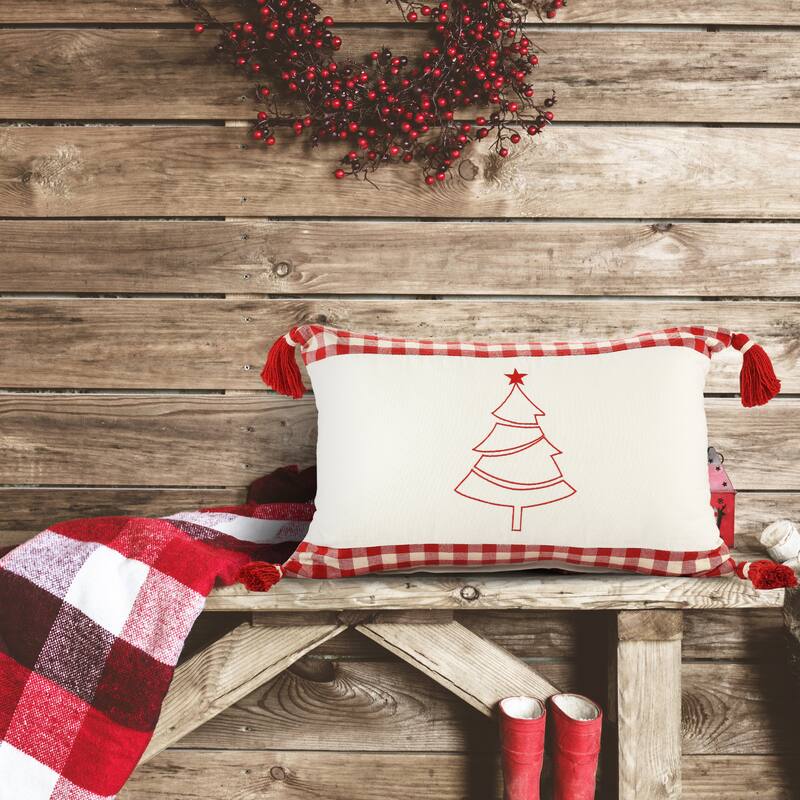 Sevita Buffalo Plaid Bordered Christmas Tree Cotton Throw Pillow