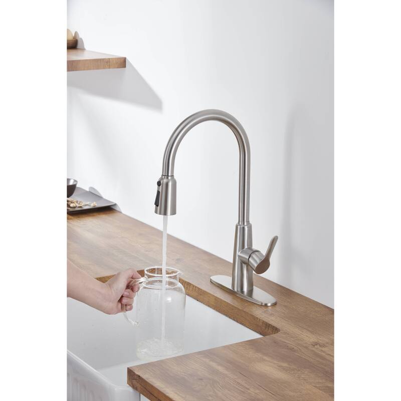 Kitchen Sink Faucet with Pull Out Sprayer,High Arc Sink Faucet,3 Way Setting Single Handle Kitchen Faucets with Deck Plate