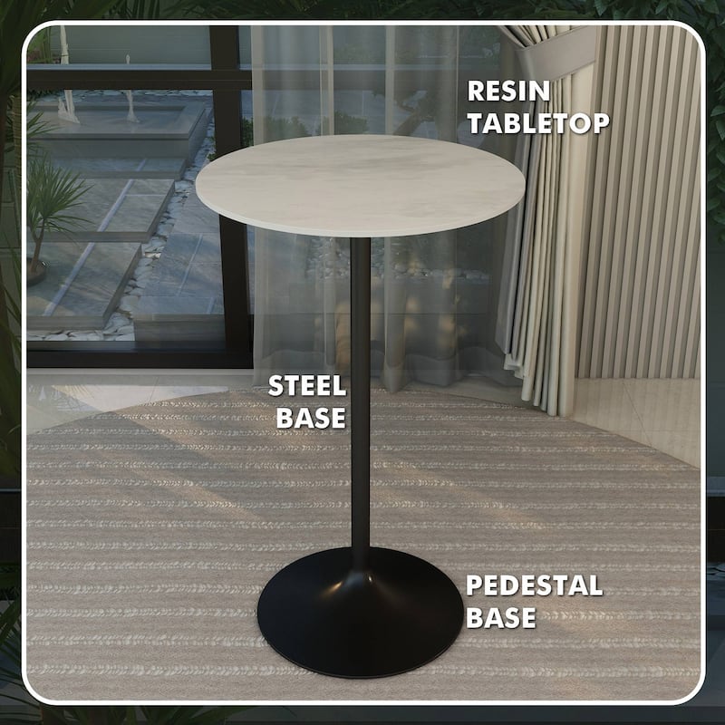 LeisureMod Verve Round Bar Dining Table with White Resin TableTop and Black Steel Base for Kitchen & Dining Room