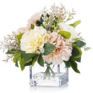 Enova Home Artificial Silk Dahlia Fake Flowers Arrangement in Clear Glass Vase with Faux Water for Home Wedding Decoration