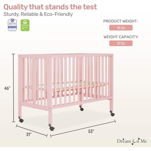 Dream On Me Quinn Full-Size Folding Crib - Blush Pink