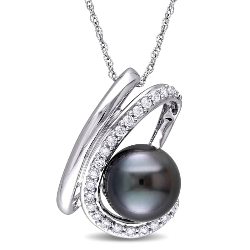 Miadora 1/4 ct TW Diamond and 9-9.5mm Black Tahitian Pearl Curlicue 10k White Gold