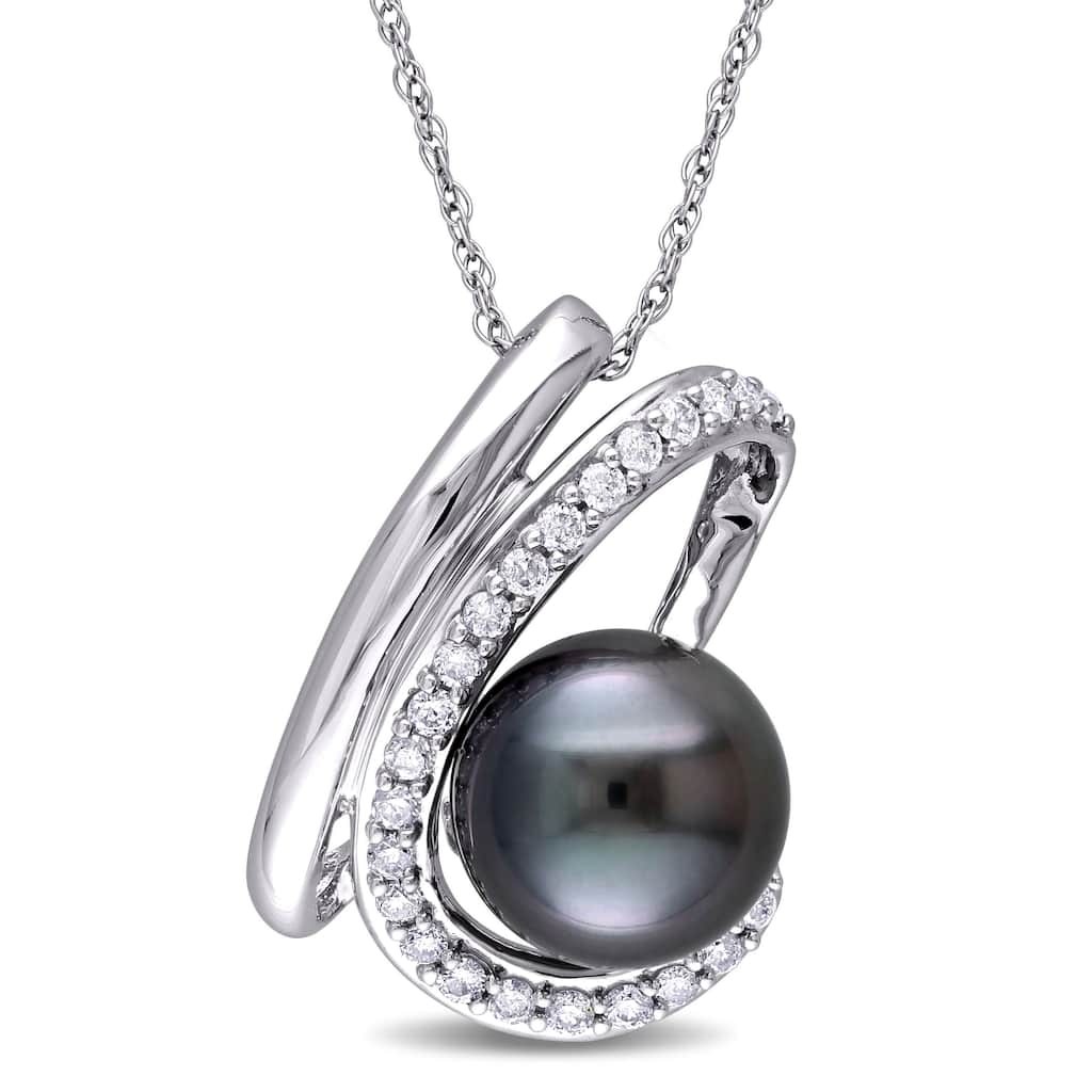 Miadora 1/4 ct TW Diamond and 9-9.5mm Black Tahitian Pearl Curlicue 10k White Gold