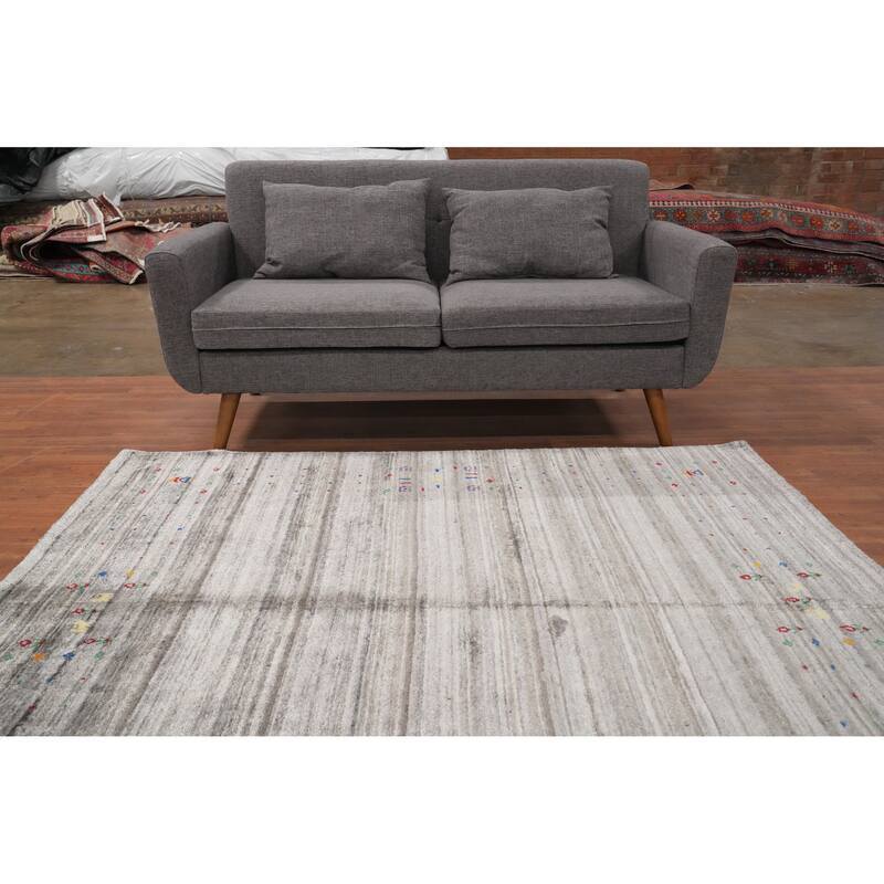 Hand Knotted Oriental Viscose Silk Carpet Tribal Animal Pictorial Greys & Charcoal Gabbeh Area Rug - 6' 2'' X 5' 11''