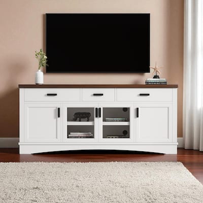67" Modern TV Console with Glass Doors, 3 Drawers, Adjustable Shelves & Cable Management, Fits 65" TV