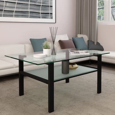Rectangle Coffee Table with Transparent glass Tabletop and Metal Legs