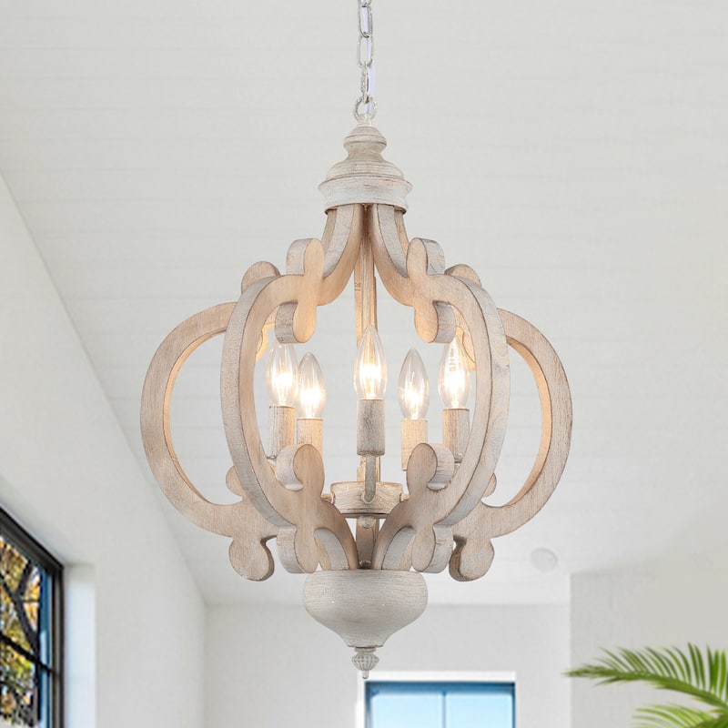 5-Light Country Wood Chandelier Light Fixture for Kitchen Island Dining Room - Distressed Vintage Gray