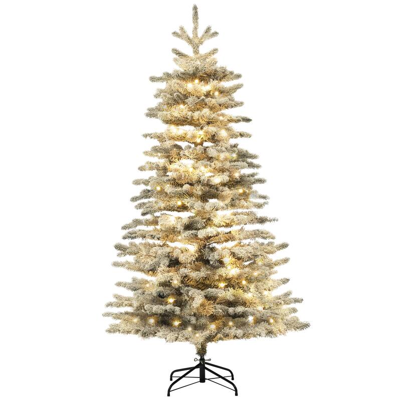 HOMCOM Pre-Lit Snow Flocked Mountain Pine Tree - LED Lights, Hinged Branches, Green