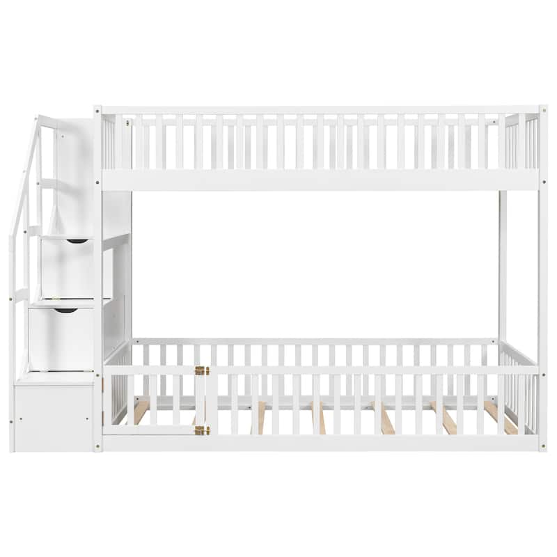 Twin Over Twin Floor Bunk Bed Frame with Storage Stairs and Door
