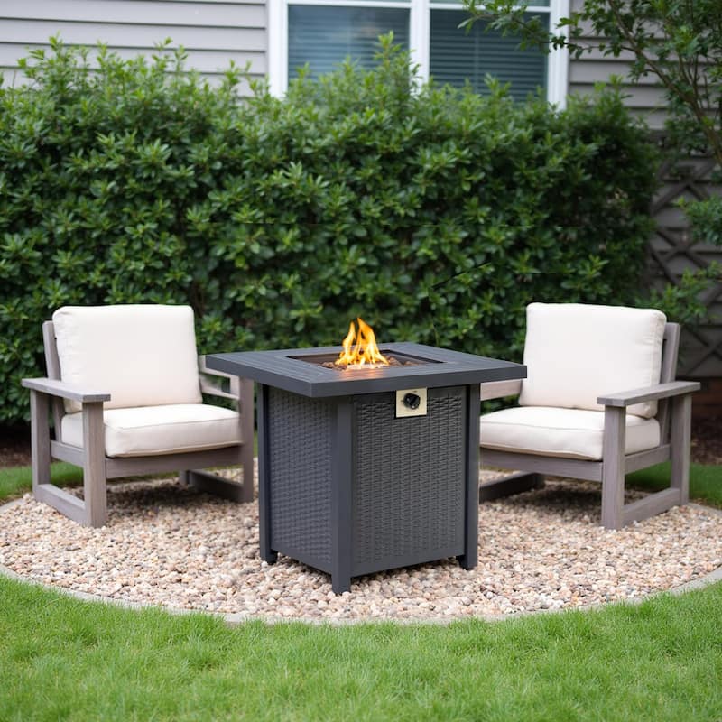 Anmytek Propane Fire Pit Table Outdoor Wicker Style Patio Heater with Lava Rocks Black Backyard Deck