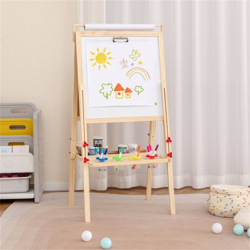 3-in-1 Kids Art Easel with Magnetic Chalkboard Whiteboard Paper Roll Adjustable Height Storage Trays and Paint Cups