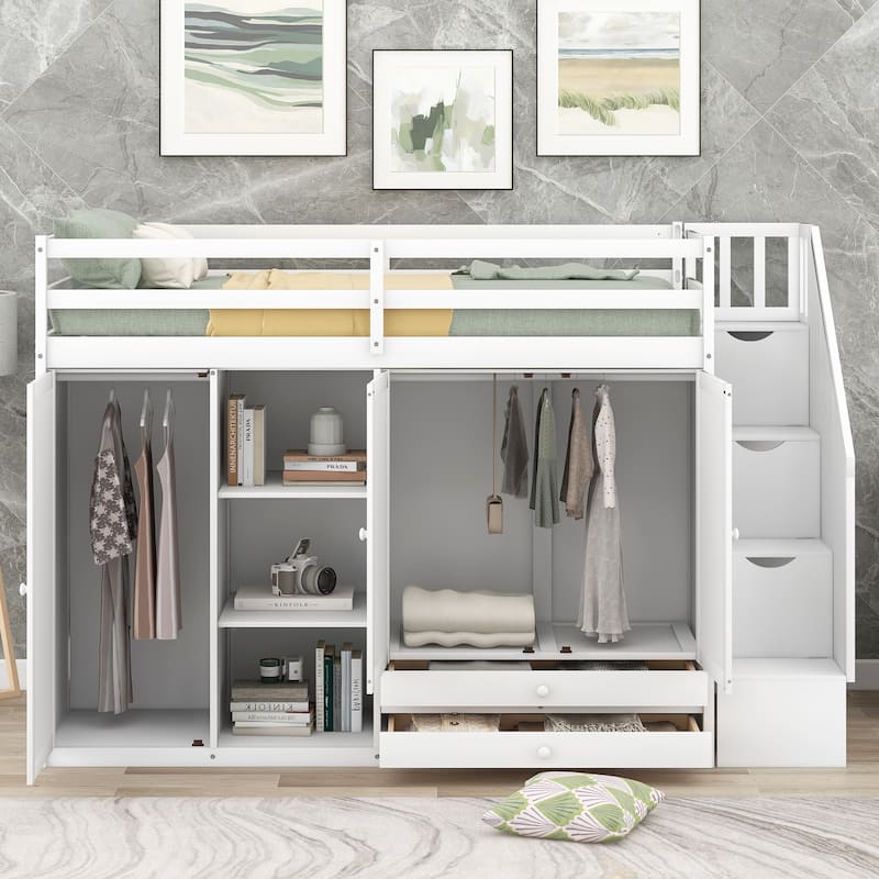 Space-Saving Loft Bed with Shelves, Wardrobes, Drawers, and Storage Ladder, White