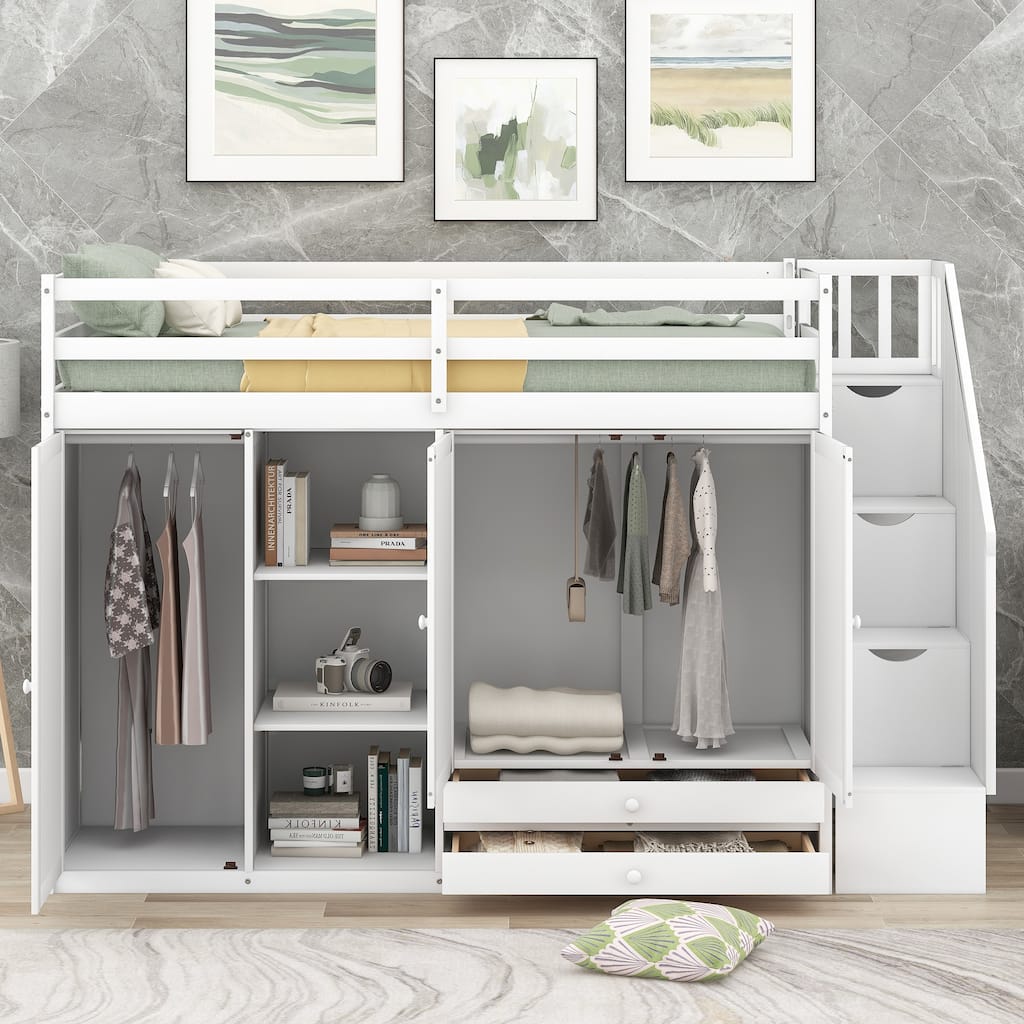 Twin Size Space-Saving Loft Bed with 3 Shelves & 2 Drawers, Solid Wood Functional Loft Bed Frame w/2 Wardrobes & Storage Stairs