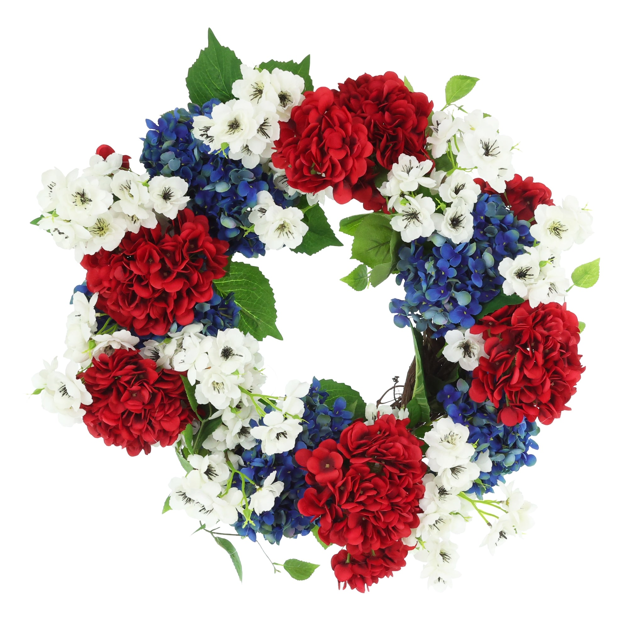 26" Red, White and Blue Wreath with Hydrangeas and Cherry Blossoms