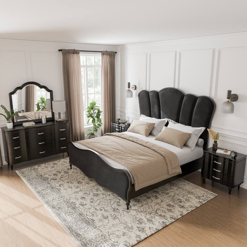 Furniture of America Seabliss Glam Solid Wood 5-Piece Bedroom Set - Black - King
