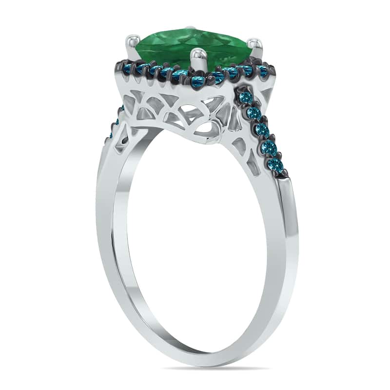 Marquee Jewels 2 1/2 Carat Emerald Cut Emerald and 1/3 CTW Blue Diamond Ring in 10K White Gold