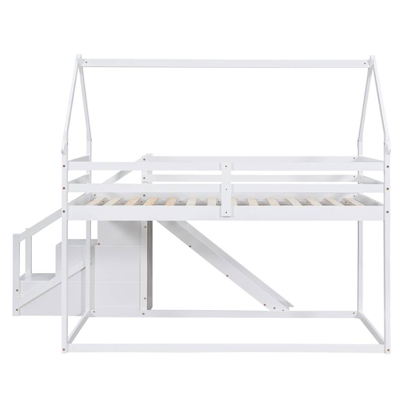 House-Themed Twin Bunk Bed with Climbing Net, Slide, and Storage Staircase