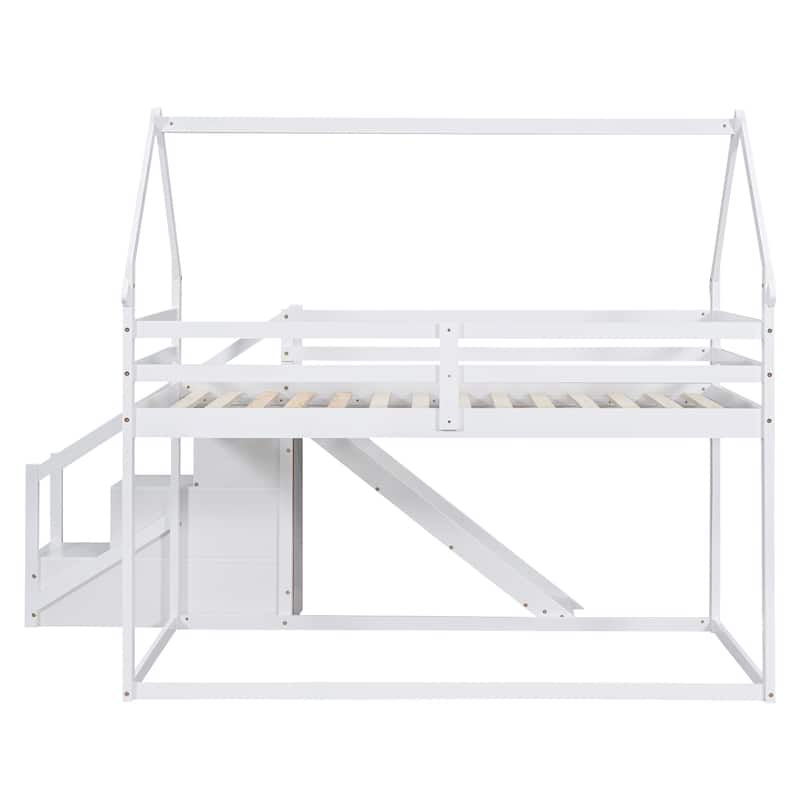 Twin over Twin House Loft or Bunk Bed with Slide and Staircase, Natural