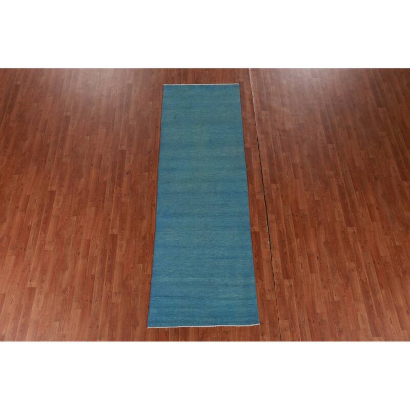 Hand Knotted Oriental 100% Wool Carpet Modern Solid Navy Blue & Blues Gabbeh Runner Rug - 9' 3'' X 3' 0''