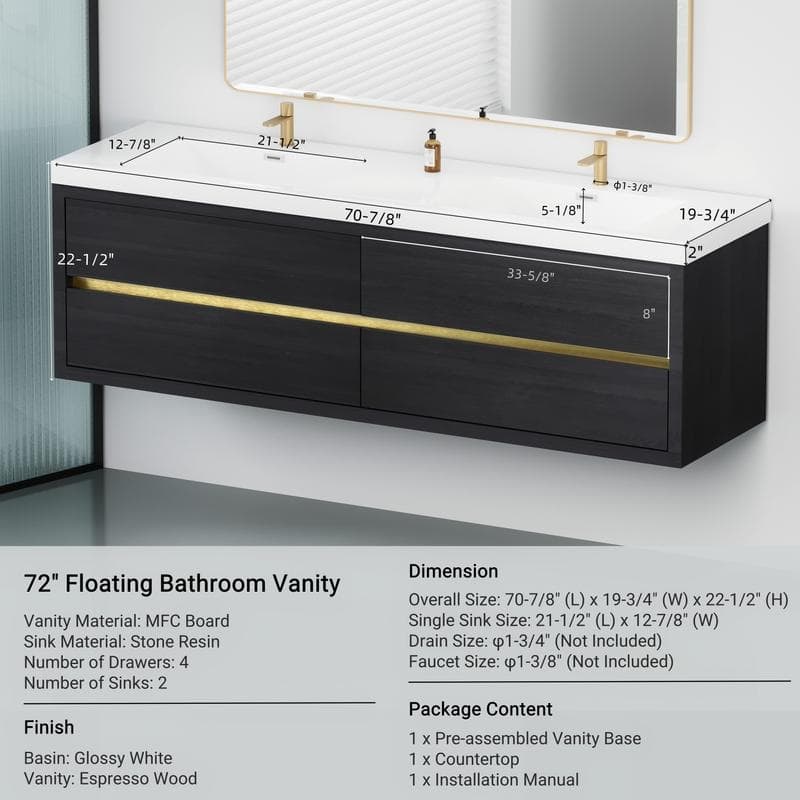 ABRUZZO 72" Floating Bathroom Vanity Double Sink with Stone Resin Top Four Soft Close Drawers