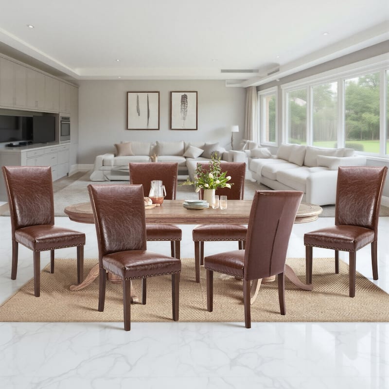 RENEWLINE Dining Chairs, Fabric with Nailhead Trim and Wood Legs - Set of 6 - L-LightBrown