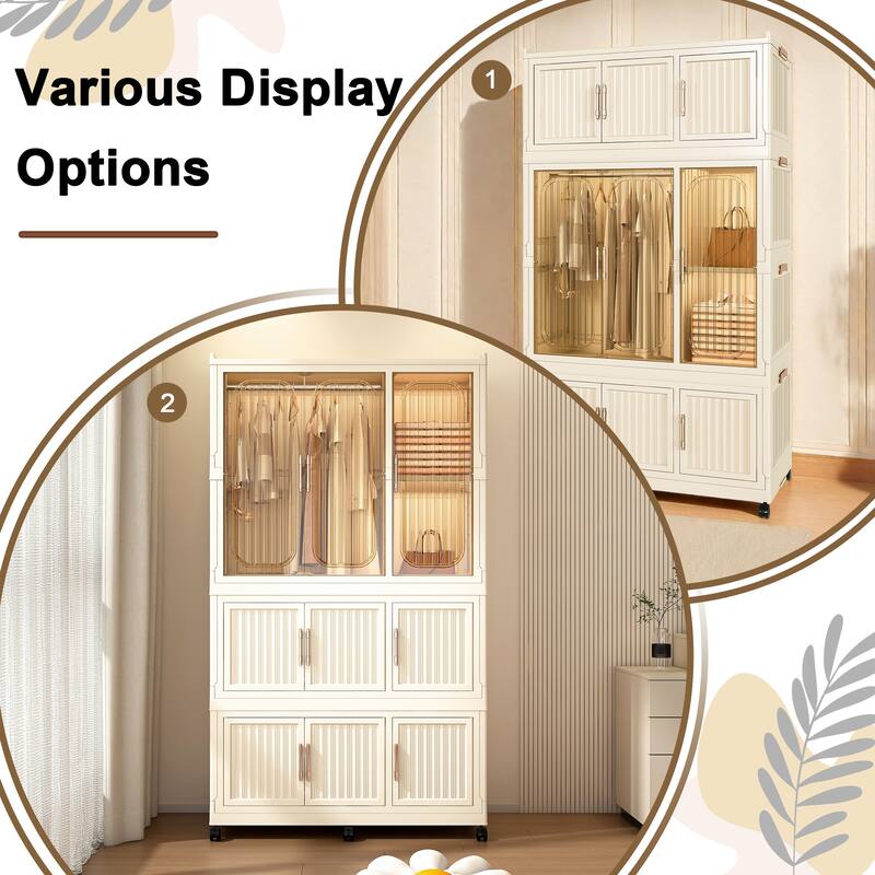 Anmytek Rolling Storage Cabinet Wardrobe with Hanging Rod Transparent Door Mobile Closet for Bedroom Nursery