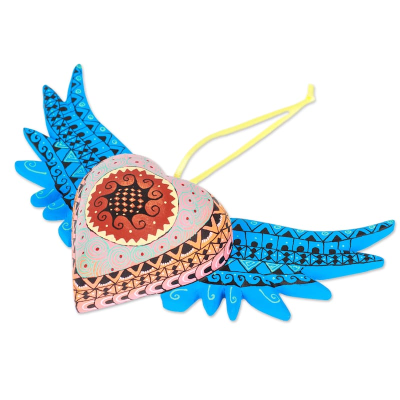 Novica Handmade Cyan Wings Of The Heart Wood Alebrije Ornament